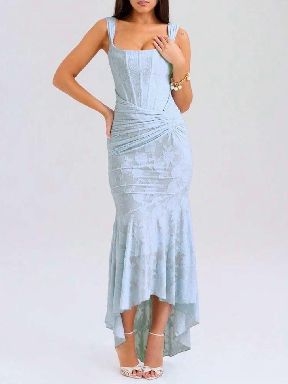 Women’s Light Blue Lace High-Low Evening Dress